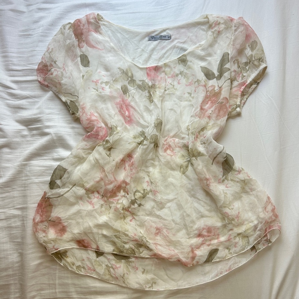 Elena Baldi Romantic Floral Scoop Neck Blouse Size S 100% Silk